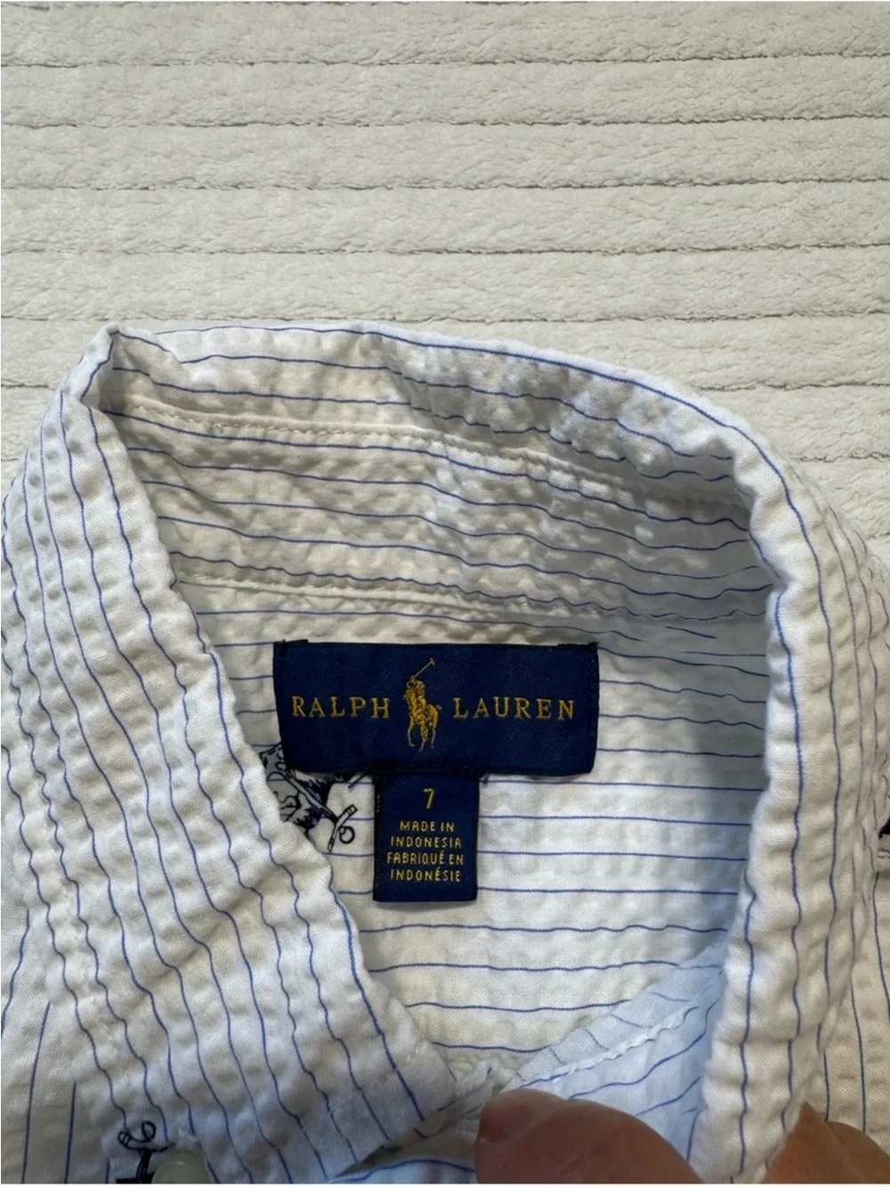 Ralph Lauren White Short-Sleeve Seersucker Button-Down with Navy Pony Embroidery